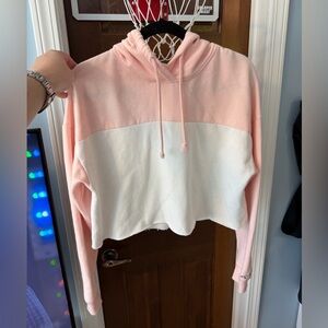 Hollister Pink and White Colorblock Cropped Hoodie